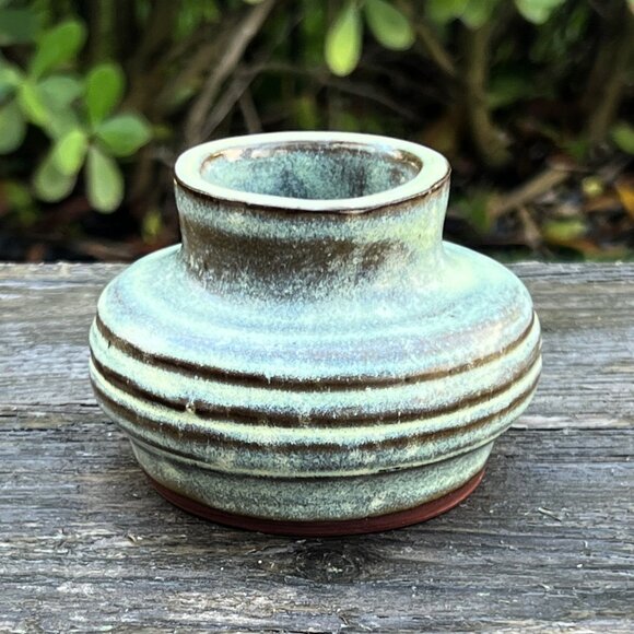 Vintage Artist Signed Blue Drip Brown Glaze Studio Pottery Vase Wheel Thrown Pot - Picture 1 of 5